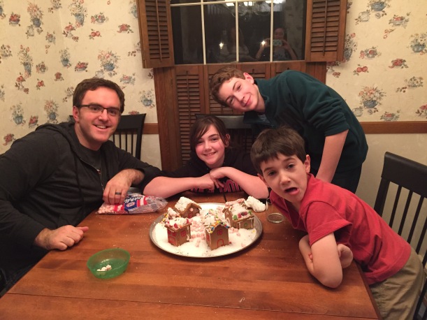 Building a gingerbread village -- with kids this time.